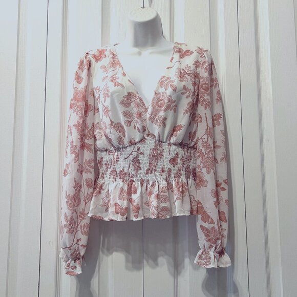 Lulumari Tops - Anthropologie Lulumari-Long Fairy Sleeves-Sheer-Peplum Fitted Waist-V Neck-Med